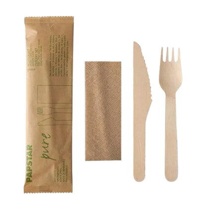 Besteckset aus Holz  "pure", Messer, Gabel, Serviette in Papierbeutel von Papstar 50 Stück