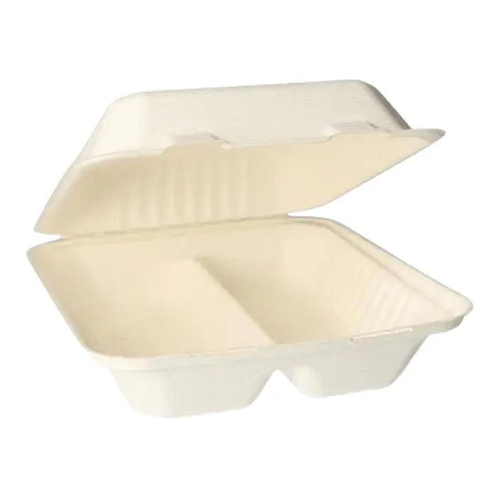 Menüboxen aus Zuckerrohr (Bagasse) 2-geteilt (50 Stück) kiecom-store.com
