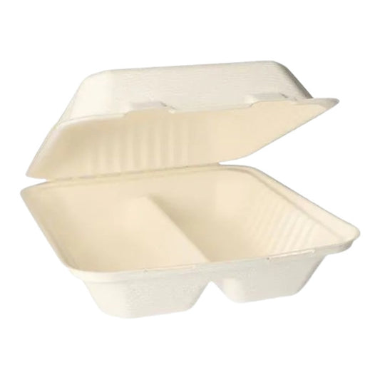 Menüboxen aus Zuckerrohr (Bagasse) 2-geteilt (50 Stück)