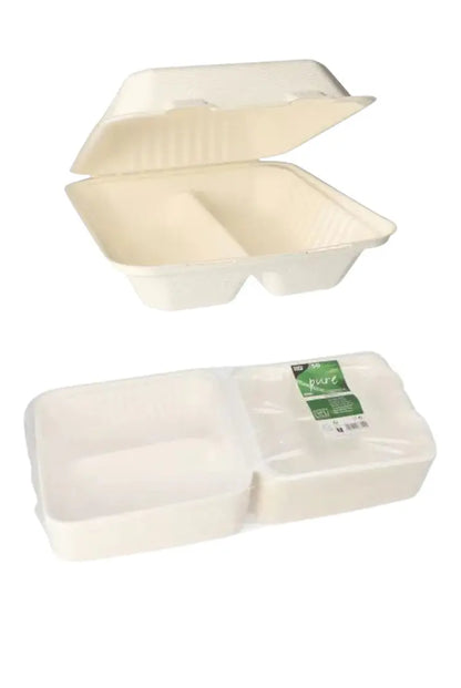Menüboxen aus Zuckerrohr (Bagasse) 2-geteilt (50 Stück) kiecom-store.com